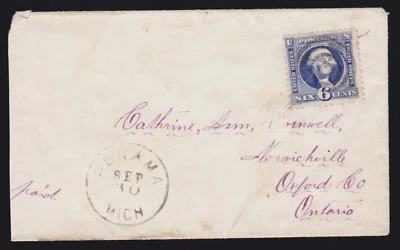 US 115 6c 1869 on Small Ladies Cover from Michigan to Canada F-VF SCV $475+ - Image 1 of 2