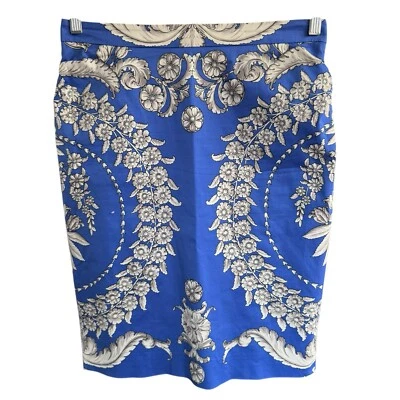 Saia lápis BARASCHI 6 azul branco padrão barroco forrado comprimento do joelho ventilação traseira - Imagem 1 de 4