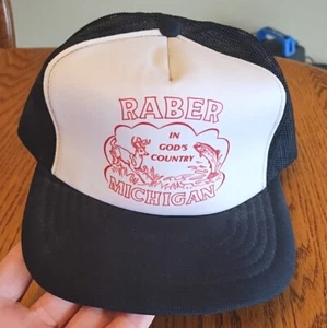 Vtg RABER MICHIGAN In God's Country Deer Fish Snapback Trucker Hat Mesh Cap - Picture 1 of 11