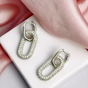 Double Link Sparkling Large Silver Dangle Earrings 40mm Chic Womens Jewellery - Picture 1 of 4