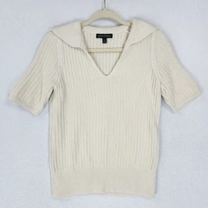 Banana Republic Sweater Womens Small Cream Short Sleeve Collared Knit V Neck - Picture 1 of 11