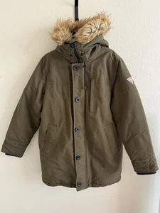 GUESS Long Hooded Parka Winter Coat Olive Green Size M - Removable Fur - Picture 1 of 7