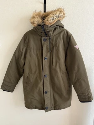 GUESS Long Hooded Parka Winter Coat Olive Green Size M - Removable Fur - Image 1 of 4
