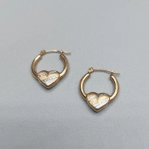 JCM 10 Karat Yellow White Gold Heart Hoop Earrings - Picture 1 of 4