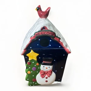 CKAO Snowman Christmas Birdhouse Cookie Jar Ceramic Cardinal Lid Holiday Decor - Picture 1 of 12