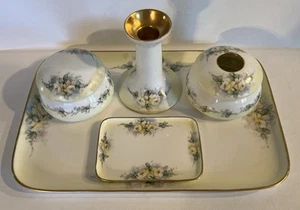 Antik Limoges 5 teiliges Porzellan Waschtisch Kommode Set gelb Blumen handbemalt - Bild 1 von 6