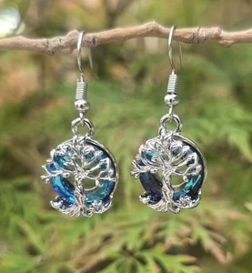 Tree of Life blue silver, teal crystal dangle earrings. Strength, Viking Celtic - Picture 1 of 7