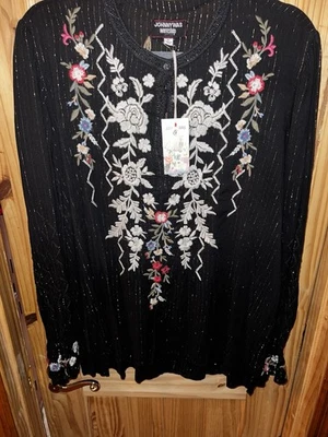 JOHNNY WAS Roma Victorian Prairie Blouse Black With Gold Metallic Stripe XL NWT - Image 1 of 4
