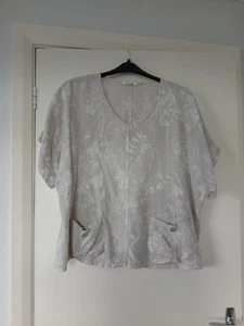 ADINI 100% LINEN SHORT TUNIC TOP NATURAL COLOUR W/ WHITE FLORALS SZ L FIT 16-18 - Picture 1 of 9