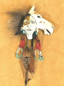 Kathryn Yauney Porcelain Pin Horsehead Native American Face Fur Feather Cherokee - Picture 1 of 9