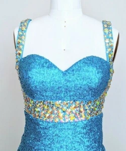 Turquoise Beaded Stretchy Sequins Formal Long Dress Evening Party Dress Size 4 - Picture 1 of 5