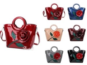 New Women Large Shiny Patent Leather 3D Floral Shouder Bag Tote Shopper Handbag - Picture 1 of 12