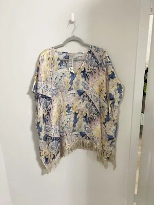Chico’s Multi Paisley Linen Crochet Fringe Poncho Caftan Tunic Size L/XL NEW - Image 1 of 4