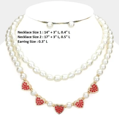 Collar de cadena de 2 filas de perlas con dije de amor de San Valentín corazón rojo dorado Foto 1 de 2