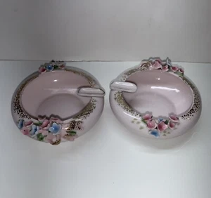 Juego de 2 Ceniceros Personales Rosa Pálido Flores Azul Rosa Manchas Doradas Lefton China - Imagen 1 de 24