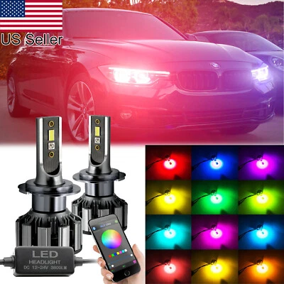 2x H7 RGB LED Headlight Phone Bluetooth Control Bulbs For 2016-2018 BMW 3 Series - Image 1 of 4