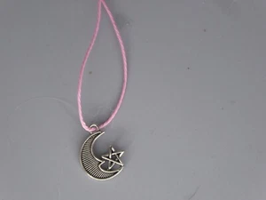 silver moon pink Corded Necklace Handmade 42cm pendant width 16mm height 17mm - Picture 1 of 1