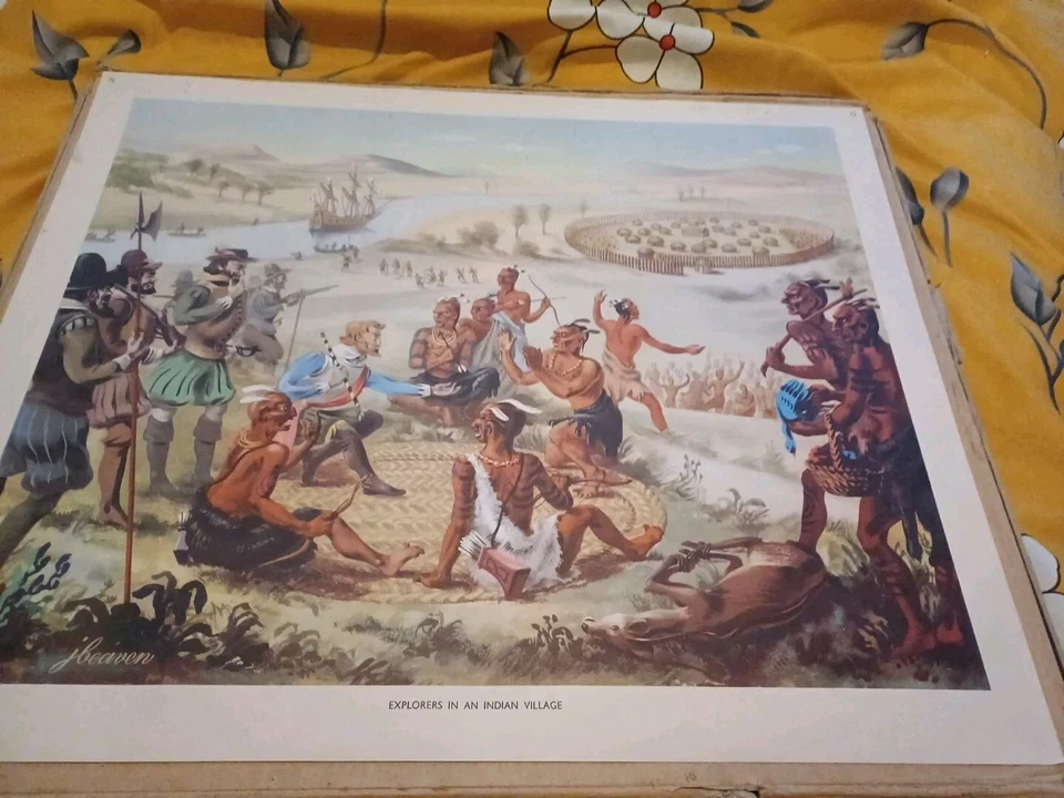  Vintage 1950s  Macmillan School Educational print poster Explorers In A Indian  - Image 1 of 4