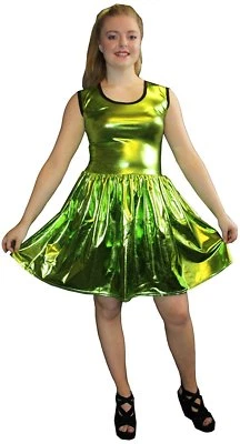 METALLIC SHINY PVC GREEN GREASE WETLOOK ROCKABILLY SWING SLEEVELESS DRESS RAVE - Image 1 of 3