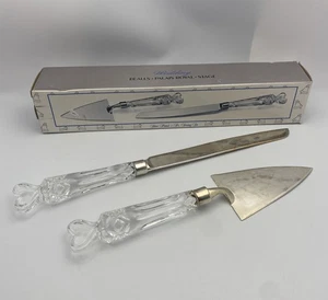 VINTAGE Silver Plated Wedding Cake Server & Knife w/ Glass Heart Handles, Bealls - Picture 1 of 18