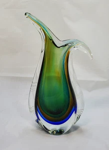 Vintage Murano Sommerso Kunstglas Träne Tropfen Vase grün gelb blau - Bild 1 von 8