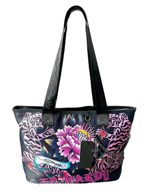 Ed Hardy Zip Tote Tiger Diamond Flowers Black Pink  Bag Charms Cross Rose NWT - Image 1 of 4