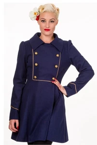 Banned “Into The Night” Retro 1940s Military Coat Navy Blue W/ Gold Med - Picture 1 of 12