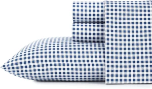 Bed Sheet Set Queen Size Gingham Plaid Pattern 4 Piece Medium Navy Blue Cotton - Picture 1 of 11