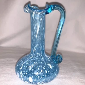 RAINBOW Glowing Art Glass Hand Blown Blue White Vase Applied Handle MCM 4.75” - Picture 1 of 14