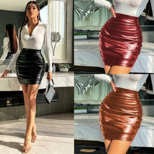 Skirt High Waist Ruched Wrap Clubwear Women PU Leather Bodycon Short Mini Pencil - Picture 1 of 8