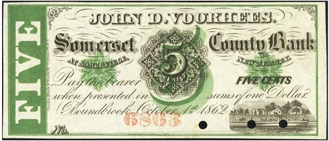 10/1/1862 Somerset County Bank Somerville New Jersey 5c Note Voorhees Crisp UNC Cover