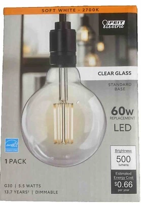 Feit Electric 60-Watt Clear Glass G30 LED w/Standard Medium Base - NEW - Image 1 of 3