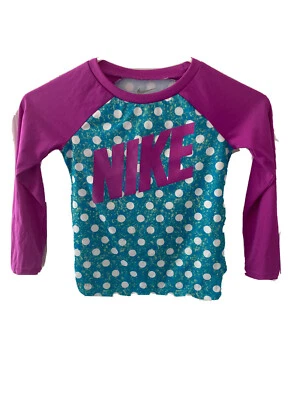 Nike Girl's Youth dri fit swim shirt top  size 5 purple aqua polka dots - Image 1 of 4