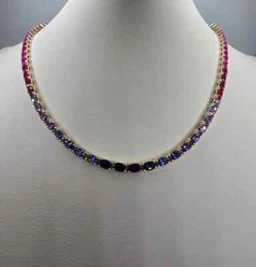 Lab-Created Rainbow Sapphire 14K Yellow Gold Over Tennis Women's Necklace 18" - Picture 1 of 6
