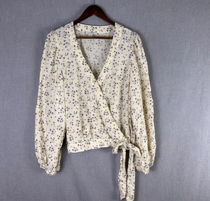 American Eagle Shirt Women X-Large Ivory Purple Floral Faux Wrap Cropped Preppy - Picture 1 of 12