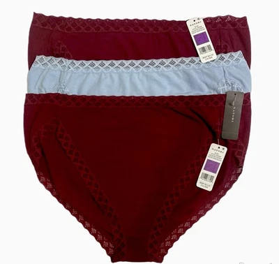 Natori Bliss Cotton Bikini Panties Set of 3 XXL Blue & Wine Lace Trim NWT  - Image 1 of 4