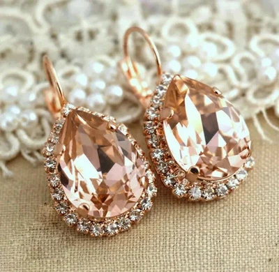 2Ct Lab Created Peach Morganite Diamond DropDangle Earrings 14k Rose Gold Plated - Image 1 of 2