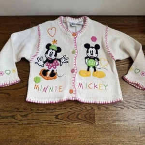 Vintage 90s Disney Mickey Co Minnie Mouse Button Knit Cardigan Sweater Kids 5/6 - Picture 1 of 16