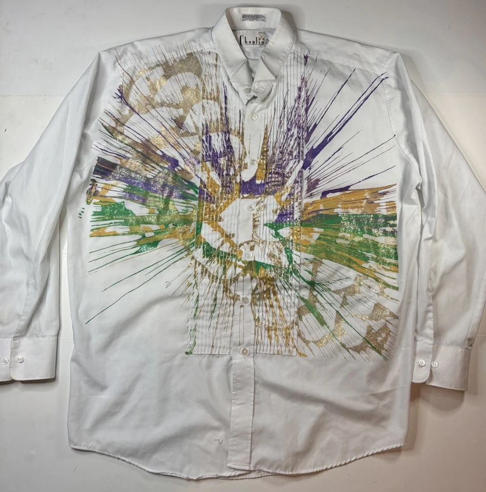Vintage Chaplin Tuxedo Custom Mardi Gras Shirt Easy-Fit White Size XL 34-35 - Image 1 of 4