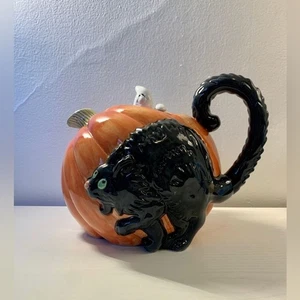 Fitz & Floyd RARE Retired Halloween Pumpkin Pitcher w/Cat & Ghost VTG Large - Picture 1 of 15