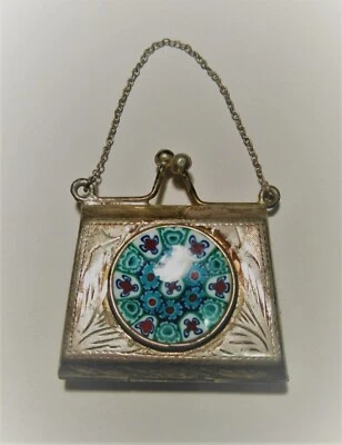 VINTAGE RARA BORSETTA PORTA PILLOLE IN ARGENTO INCISO E MURRINA - Immagine 1 di 4