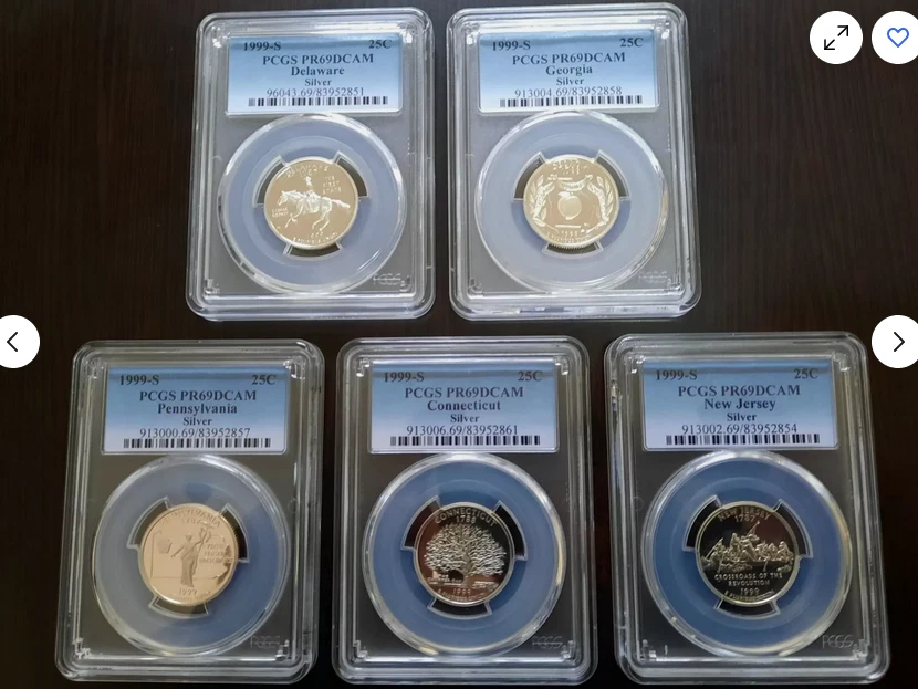 1999-S 25C PCGS PR69DCAM SILVER KEY DATE 5 COIN STATE QUARTER SET  - Image 1 of 1