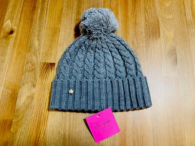 Kate Spade cable knit cuffed beanie hat with pom pom gray NWT one size $58.00 - Image 1 of 4
