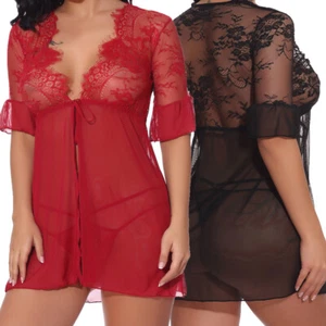 Womens Sexy Lingerie Lace Chemise Open Front Teddy Babydoll Sleepwear Sheer Robe - Picture 1 of 18