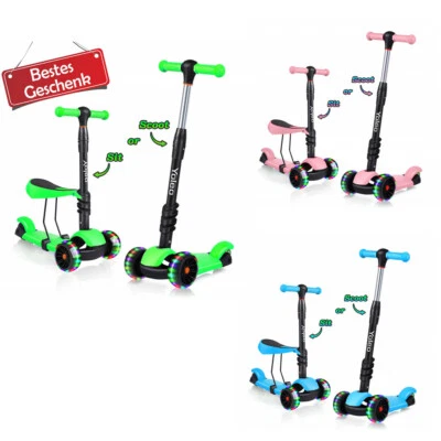 MARKENLOS 3-in-1 Kinder Roller Kinderroller Scooter verstellbare Höhe mit Sitz LED Räder