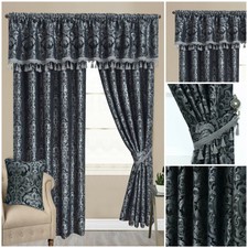 Luxury Jacquard Grey Pencil Pleat Ready Made Lined Pelmet Curtains With Tiebacks