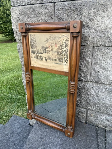 VTG  Currier & Ives Wooden Framed Mirror with Lithograph ~The Snow Storm 18x10” Cover