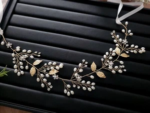 Braut Haarschmuck Hochzeit Haarranke Perlenzweig Perlenranke Haarkranz gold - Bild 1 von 4
