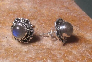 Pendientes de labradorita de plata esterlina de 7 mm de cabina redonda. Bolsa de regalo. - Imagen 1 de 5