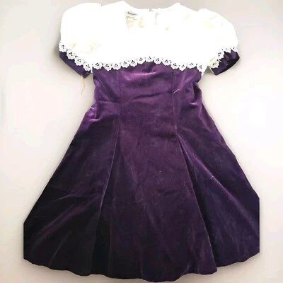 Vtg Bonnie Jean Purple Velvet Lace Brocade Puff Sleeve Holiday Party dress SZ 10 - Image 1 of 4